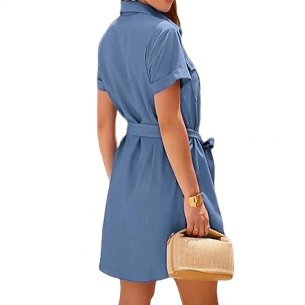 Button-up Shirt Dress Lapel Shirt Dress V Neck Button Down Shirt Dress with Belted Pocket Women's Summer Short for Streetwear