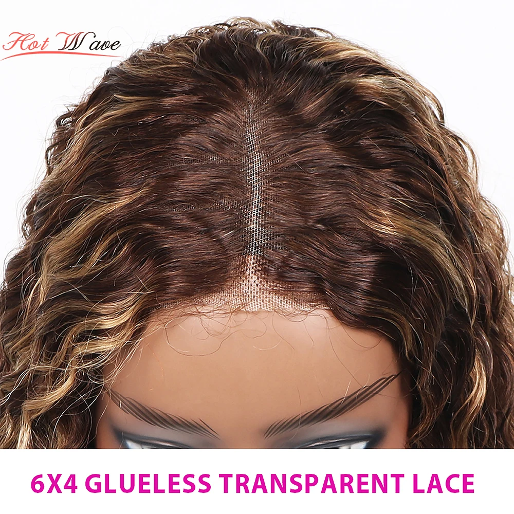 Wear and Go Glueless Wigs Human Hair Pre Plucked Precut, P4/27 Highlight Ombre Honey Blonde Curly Bob, 6X4 Lace Glueless Wigs