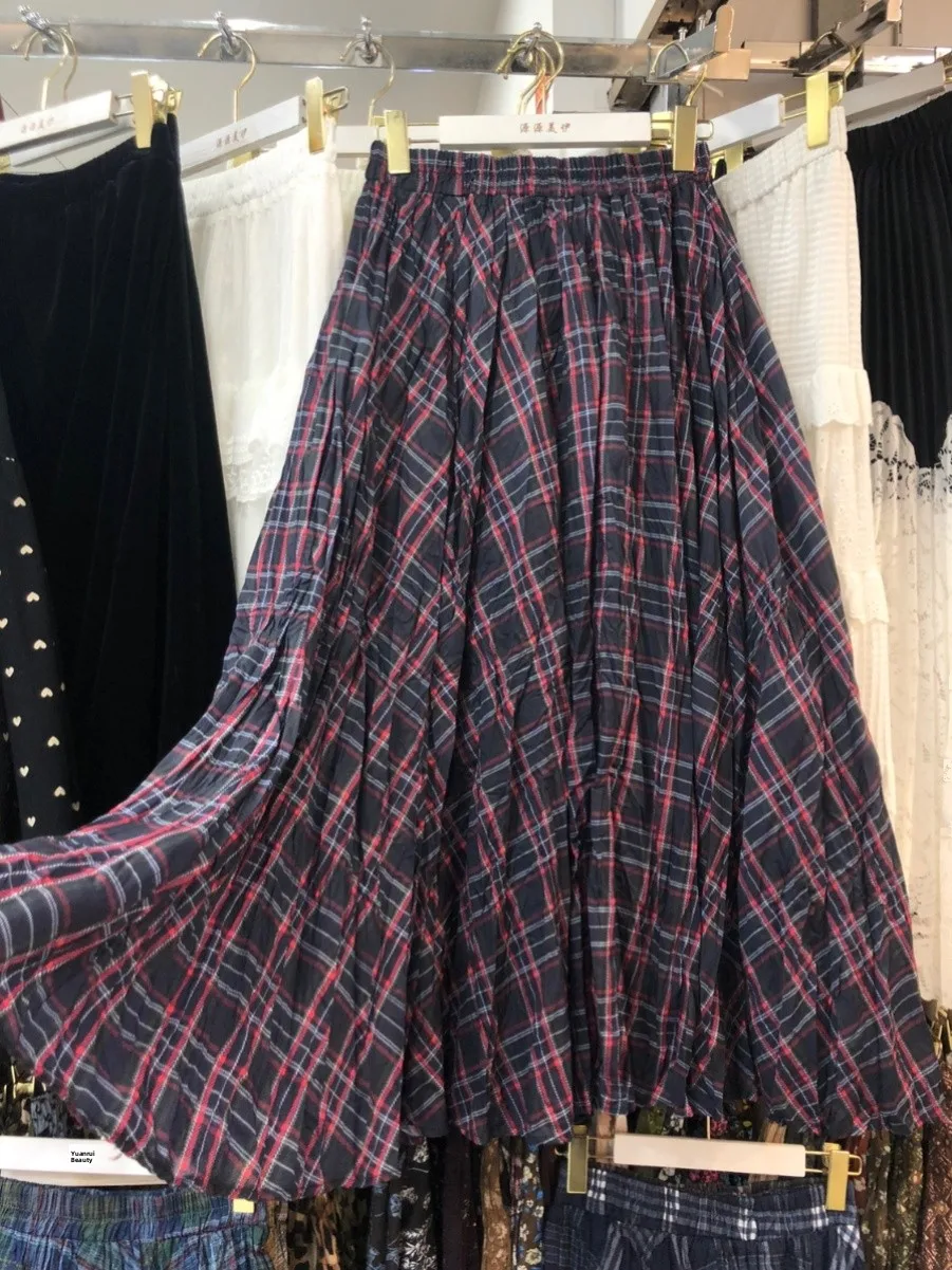 

Women's Plaid Skirt Vintage Loose Pleated Thickened Autumn Winter High Waist A-Line Skirt Inner Lined Midi Skirt