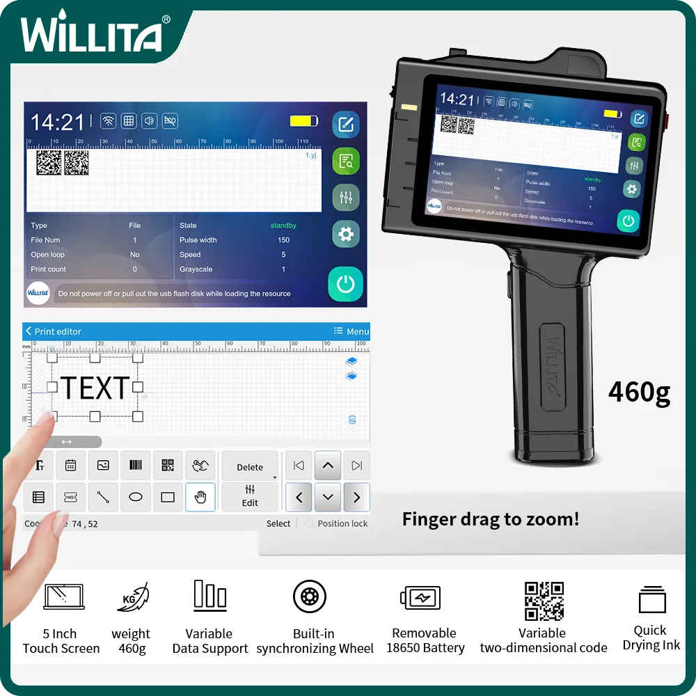 WILLITA S9 Handheld Inkjet Printer 12.7mm with Fast-Dry Ink Cartridge for Text QR Barcode Batch Number Logo Date Label Printers