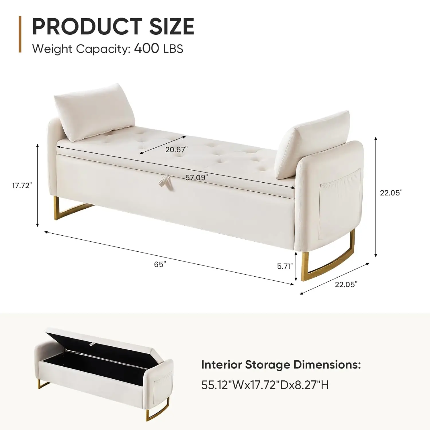Beige Velvet Storage Bench 65 Inch Tufted Upholstered Ottoman with Gold Legs Arms 2 Pillows for Bedroom Window, Customized