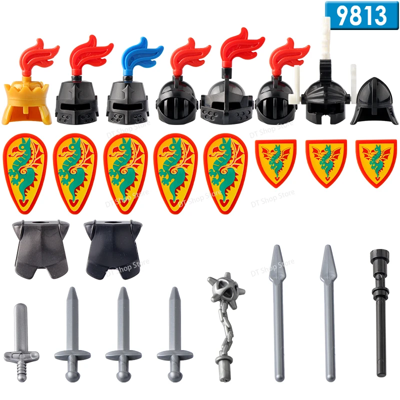 AX9809-9819 León rojo Medieval corona blanca dragón azul Reino Caballero armas iluminar bloques de construcción ladrillos rompecabezas chico para juguetes