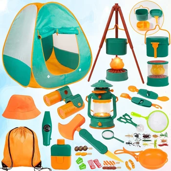 텐트가 있는 키즈 캠핑 세트, 실내 야외 캠핑 장난감, 그린 척 놀이