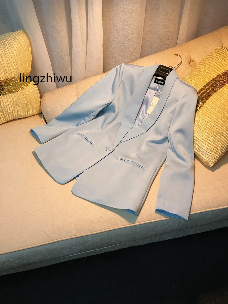 

lingzhiwu Acetate Blazer French British Top Spring Blue Coat Satin Korean Casual Elegant OL Outerwear Influencer New Arrive