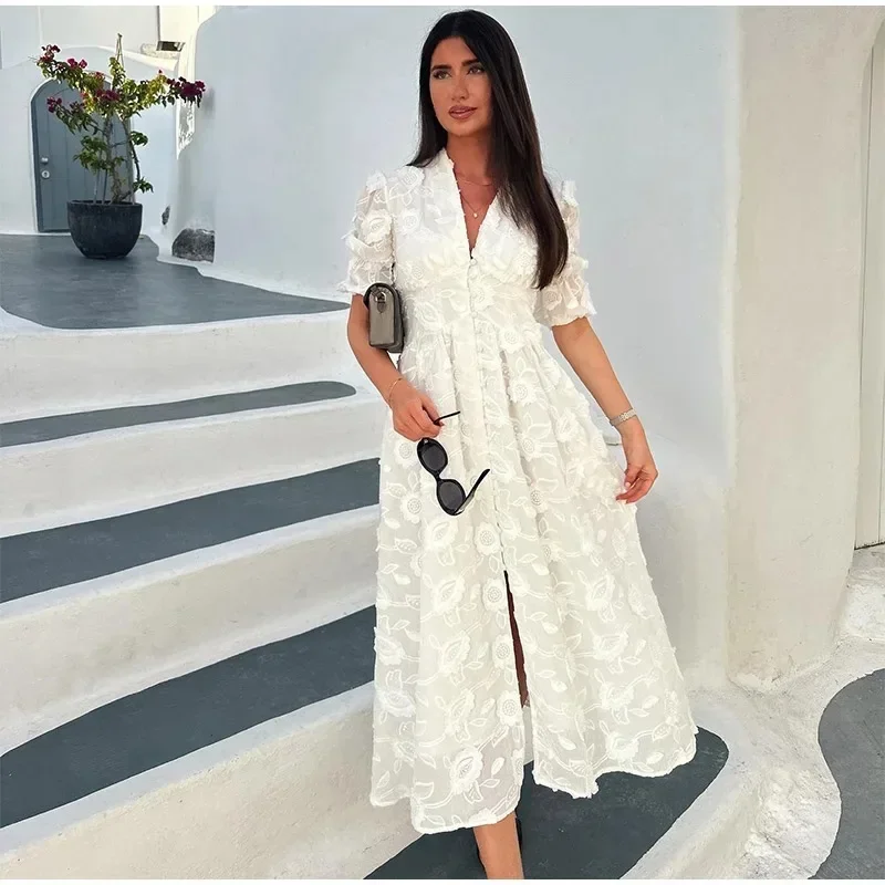 Lux Elegant White Party Long Dress Women\'s Luxury V-neck Printed SingleBreasted Split Evening Robe 2024 New Chic Street Dresses