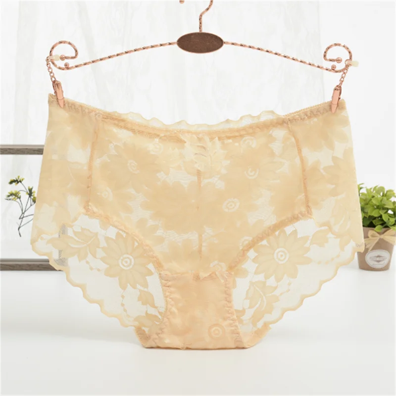 New full lace patchwork transparent underwear, medium waist lace thin women's cotton crotch triangle pants