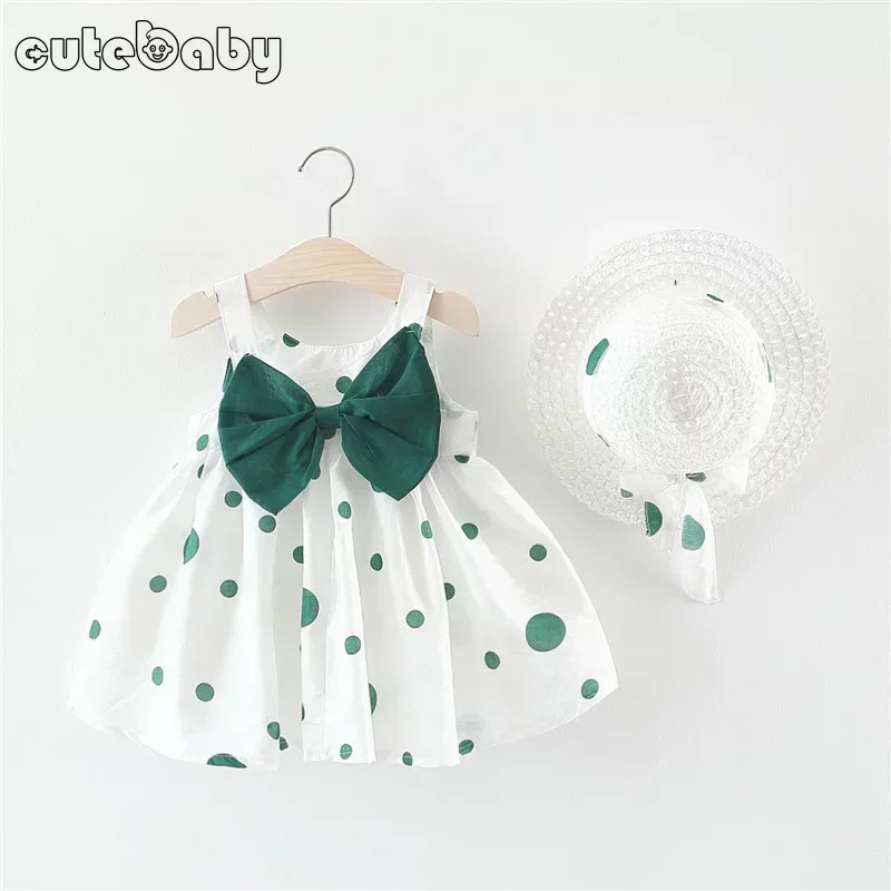 Big Bow Baby Dress Lovely Summer Infant Baby Girl Clothes Cute Dot Sleeveless Cotton Toddler Dresses+Sunhat Newborn Clothing Set