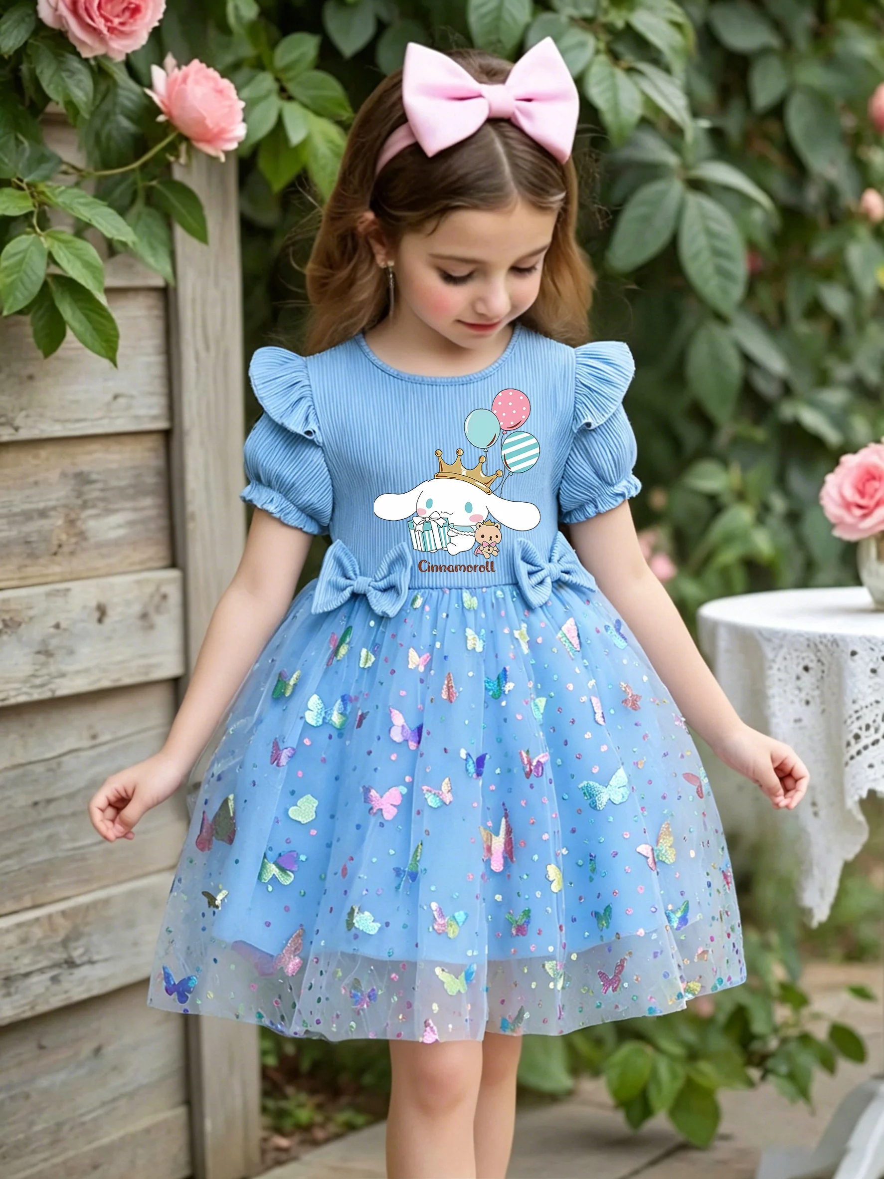Cartoon Princess Kids Outfit, European‑American Style Girls' Dress, Blue Tulle Cinnamoroll Princess Dress