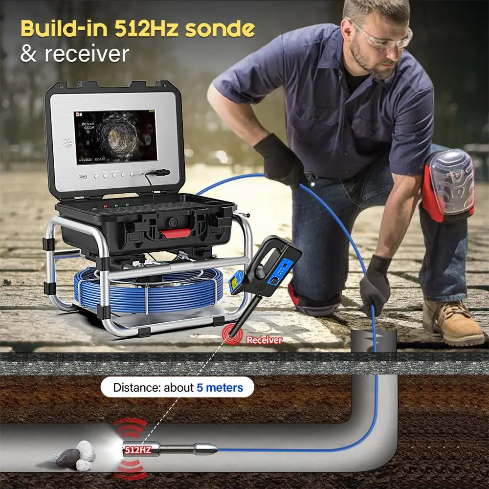 Sewer Pipe Inspection Camera, 10inch IPS, Self-Leveling, 512HZ Locator Video, Audio Recording, 5X Image Enlarge, Meter Counter