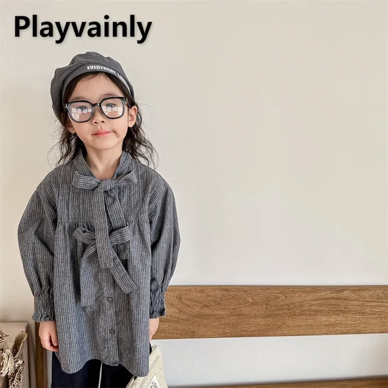 

Рубашки с длинными рукавами в корейском стиле для девочек, бежево-серые модные однобортные мягкие удобные блузки с бантом, осенняя детская одежда A3535