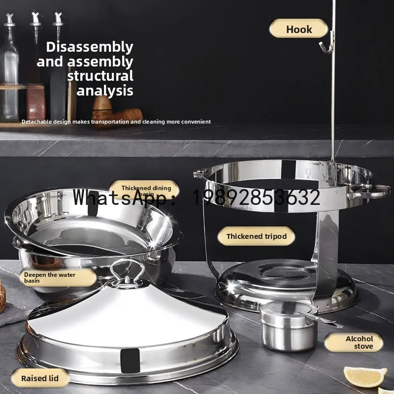 Stainless steel buffet warming station with hanging lid, alcohol burner, and round insulated container