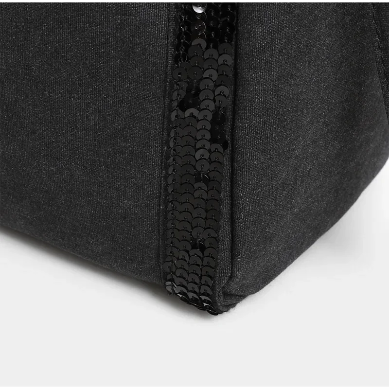 Pailletten-Canvas-Einkaufstasche mit Reißverschluss, große Kapazität, Vintage-Kontrastfarbe, Damen-Umhängetasche, Designer-Pendler-Alltagshandtasche, Schwarz – Detail 18