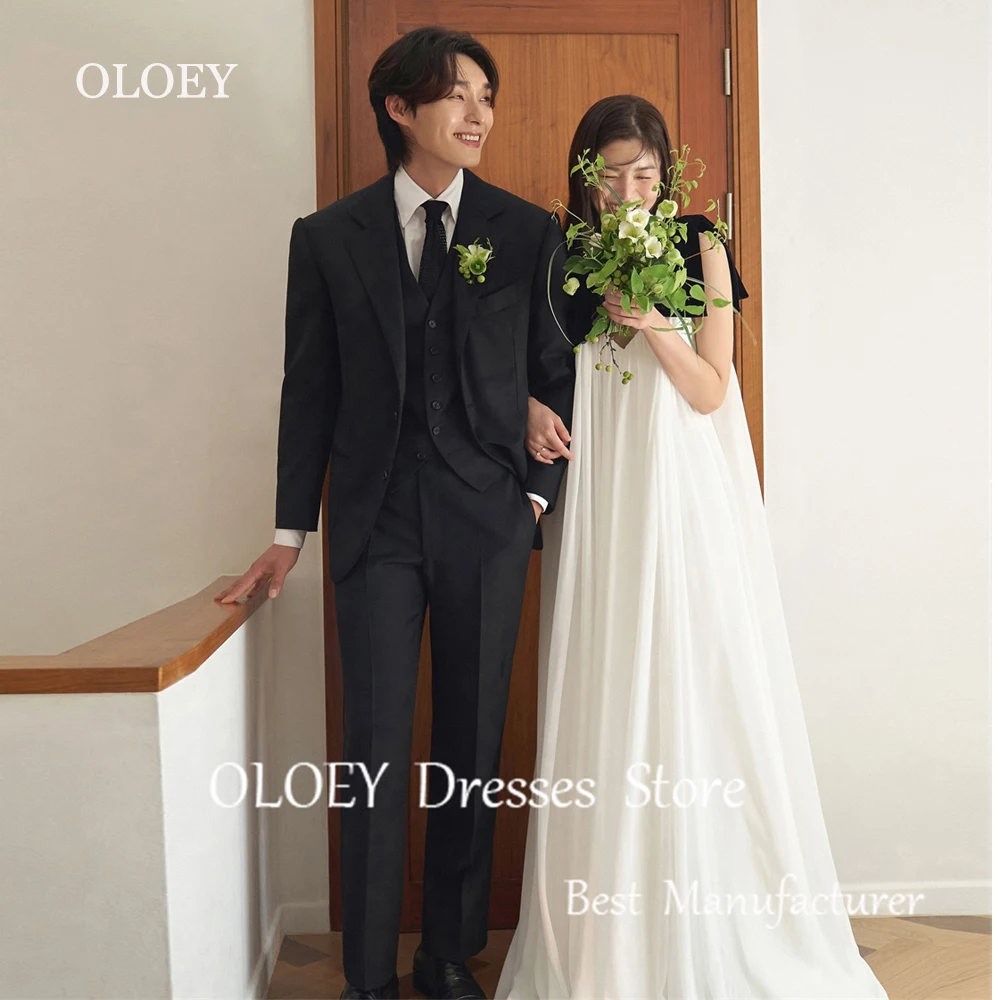 

OLOEY Simple Ivory A Line Wedding Dress Korea Photoshoot Bow Straps Pleats Bridal Gown Floor Length Custom Made