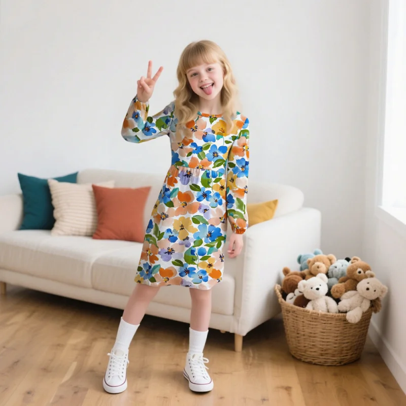 

2025 Girls' Skirt Colorful Flowers Long-sleeve Jumpsuit Group