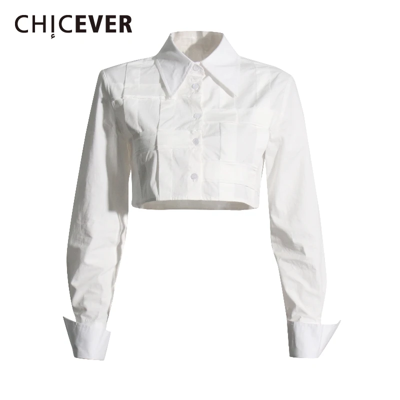

CHICEVER Asymmertrical Solid Slim Chic Shirts for Women Lapel Long Sleeve Patchwork Single Breasted Fashion Short Shirt Female