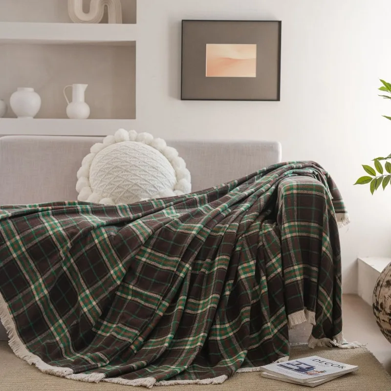 Sofa Cover Blanket Green Plaid Woolen Fabric Multi Purpose Window Cushion Table Cloth Home Textile Decorations