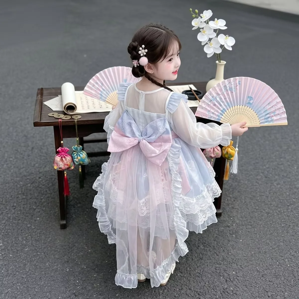 Girls Lolita Dress Spring Autumn 2026 New Princess Long Sleeve Puffy Dress Children Fashion Cute Party Outfit for