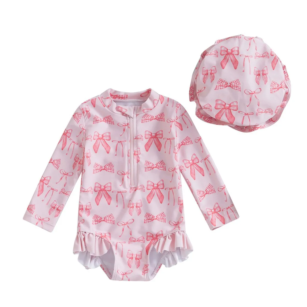 Maillot de bain une pièce à capuche pour filles de 0 à 3 ans, en fibre de polyester, frais et mignon, à motif floral et nœud rose mignon