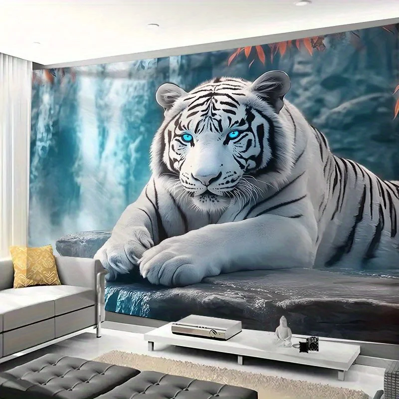 White Tiger Wall Mural With Blue Eyes Waterfall Background 3D Effect Animal Art Decor For Living Room Bedroom Home Interior