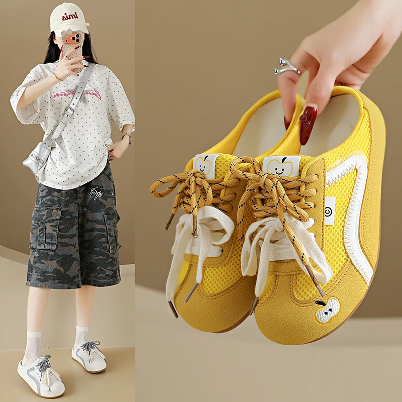 

2026 Women's Summer Half Top White Shoes Korean Edition Transparent Mesh Breathable Versatile Board Footwear