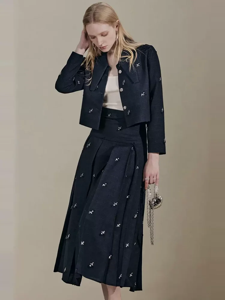 DEAT Women's 2 Pcs Set Lapel Lapel Bead Short Single Breasted Coat A-line Pleated Mid-calf Skirt Suit Spring 2025 New 13DL1159