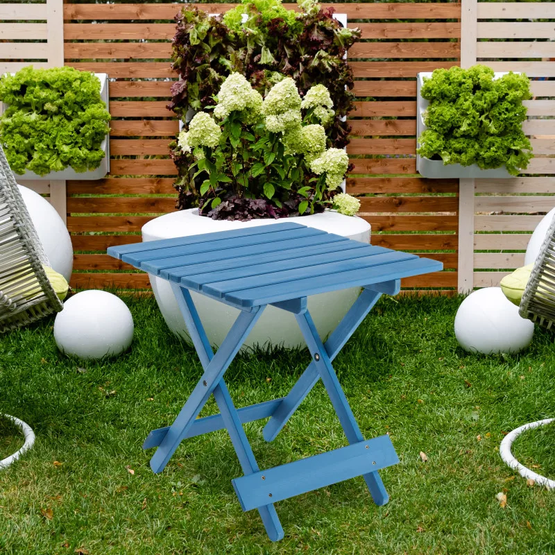 

Folding Square Patio Outdoor Solid Wood Table For Backyard Balcony Portable Space-saving Blue Color Space Saving