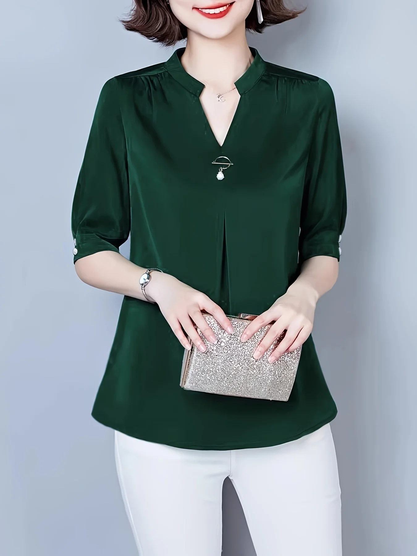 

Satin V-neck mid sleeved shirt with metal pendant decoration, loose flesh blocking dark green women's top