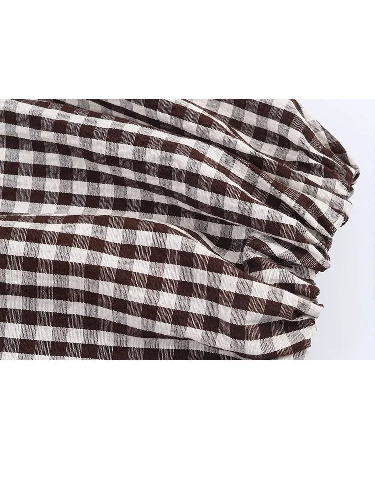 HH mujer 2026 moda Retro suelta versátil cuello redondo a cuadros apilados camisa decorativa mujeres temperamento Casual Top de manga larga