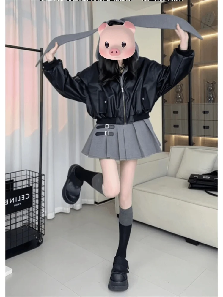 

Korean Sle Casual Versatile Women's Leather Jaet Spring 2026 New Design Faionable Rabbit Ear Coat Trendy Outerwear