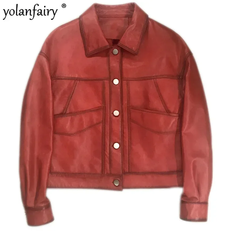 YOLANFAIRY Pure Sheepskin Jackets for Women Korean Spring Autumn Short Jacket Female Natural Leather Clothing Red Loose FC