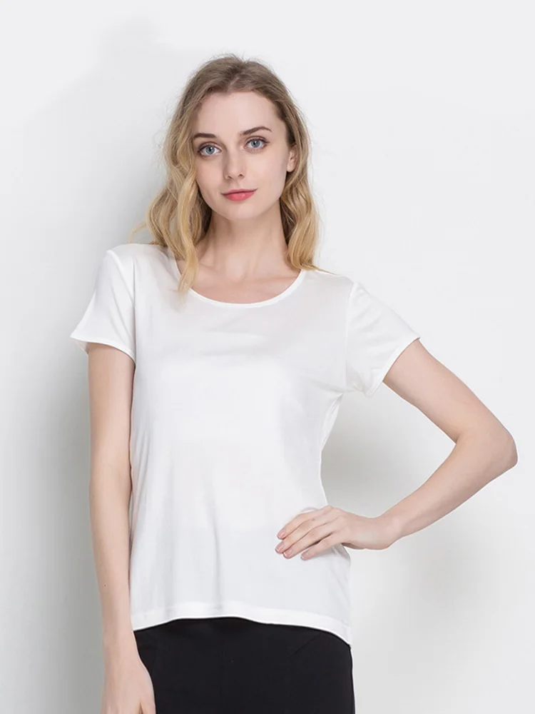 SuyaDream Woman Silk T shirt Knitted Real Silk Short Sleeved O neck Solid Basic Tee Simple Summer Top Black White