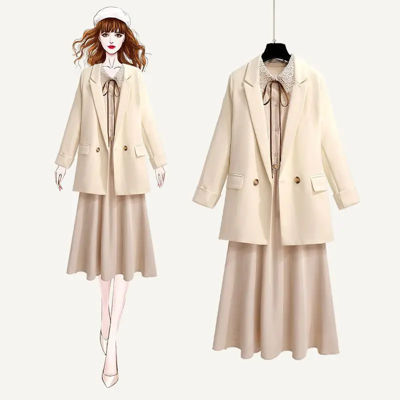 Spring Autumn Fashion Outfits 2023 Korean Long Sleeved Loose Blazer Elegant Sweet Ruffled Dress Two Piece Set For Women