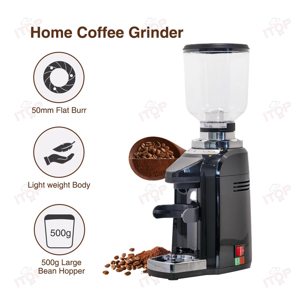 ITOP CG-800AC Кофемолка с плоскими заусенцами, 50 мм, 500 г, бункер для зерен, металлический корпус, 180 Вт, 1400 об/мин, способность шлифования, 3-6 кг/час