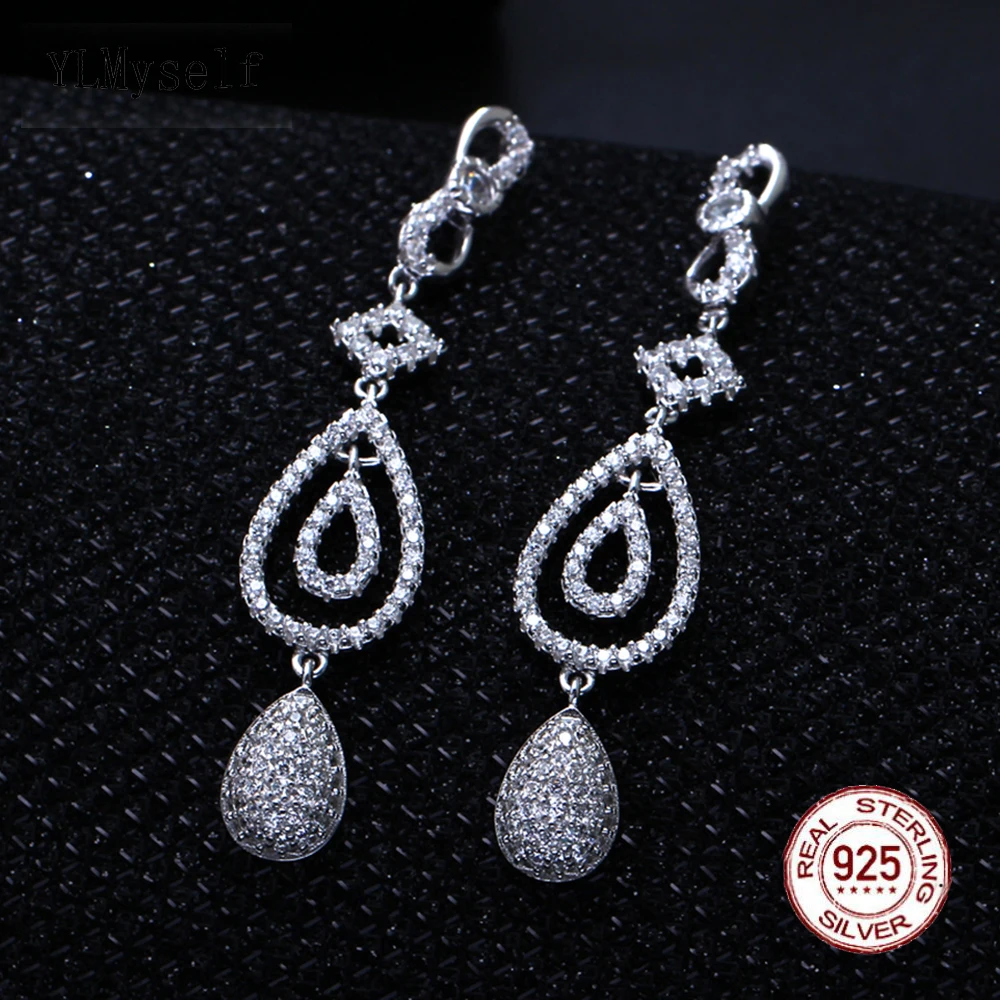 Great quality Real 925 Sterling silver Absolute amazing drop earring jewelry Crystal big long silver earrings