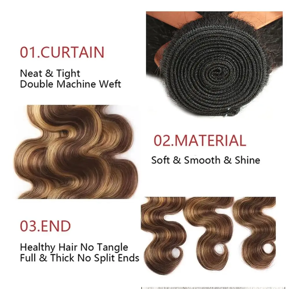 12A Highlight Thick Raw Virgin 3 Bundles Body Wave Human Hair Colored 4/27 Color