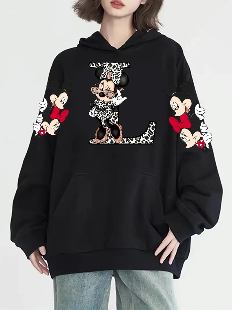 Leopard Minnie Mouse Disney A-Z 26 English Alphabet Hoodie Woman Clothing Y2k Clothes Long Sleeve Women\'s Sweatshirts Hoodie