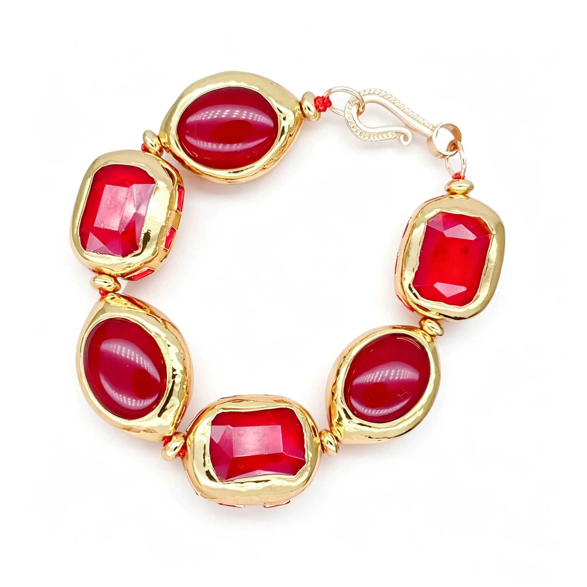 Rectangle Oval Shape Red Gemstone Bracelet Gold Plated Edged Beaded Bracelet