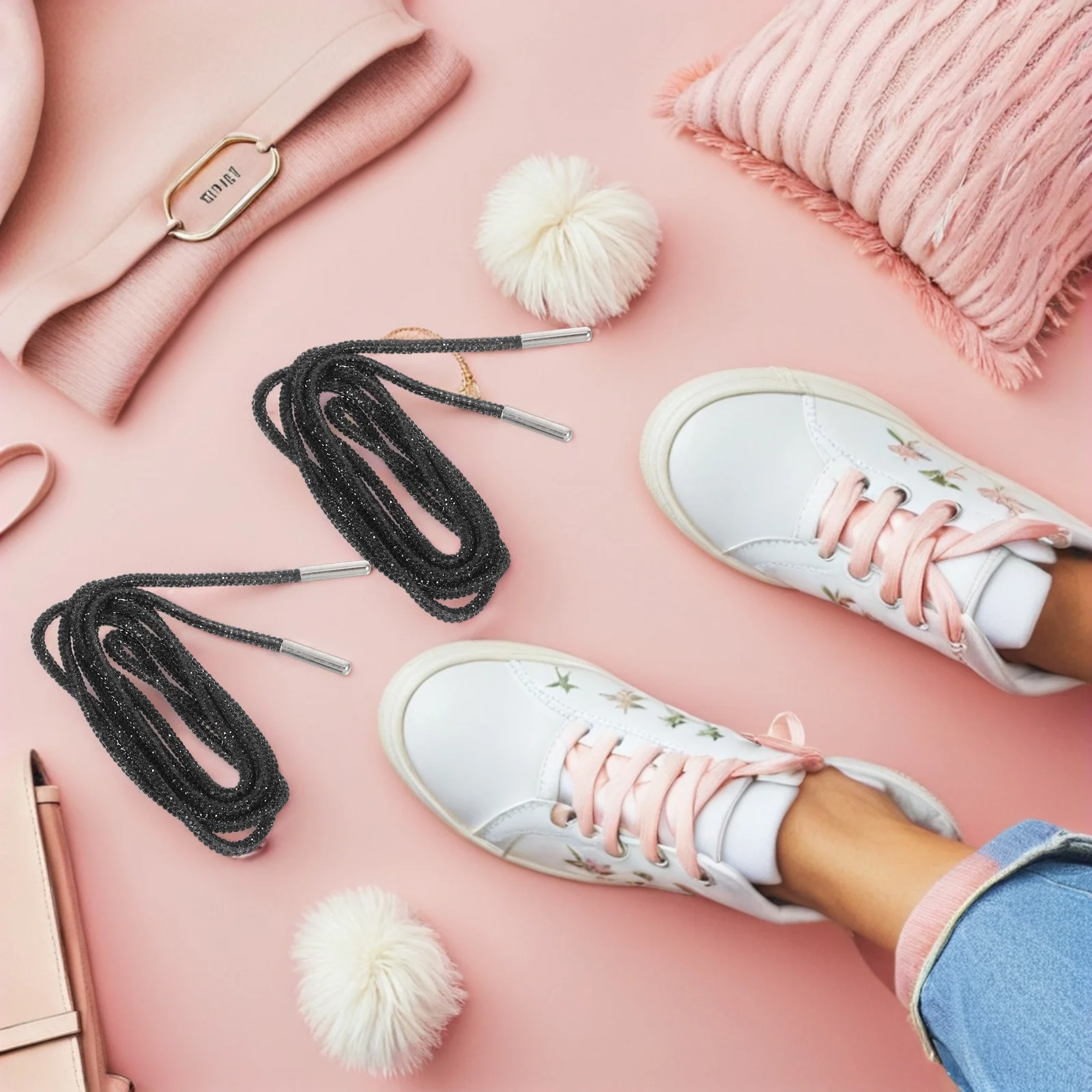 1 زوج حجر الراين أربطة أحذية جولة بريق أربطة الحذاء للأحذية الرياضية Sweatpants هوديس كريستال بلينغ حبل سلاسل الأحذية الأسود