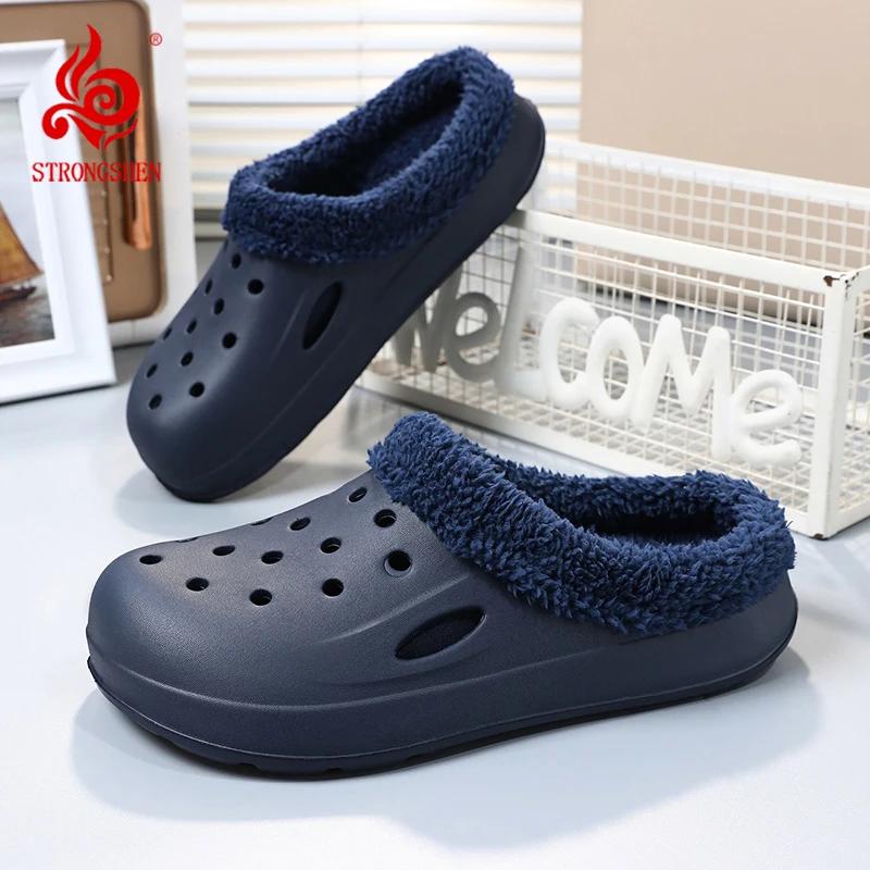 

STRONGSHEN Men Warm Slippers Plush Sandal Women Garden Clogs Mules Fur Fluffy Slippers Winter Indoor Home Slide Zapatillas Mujer