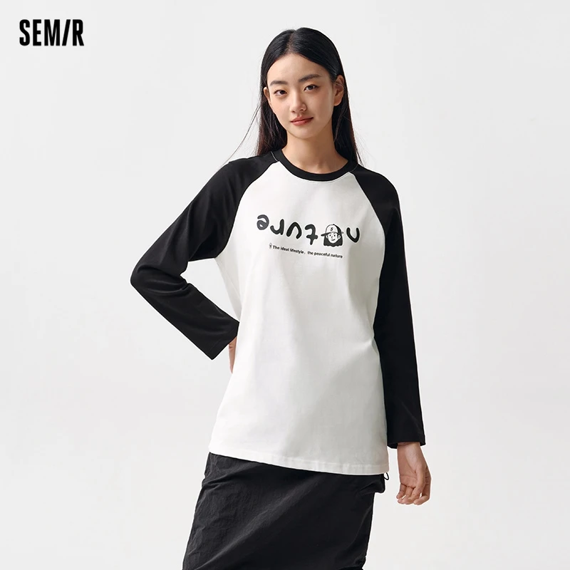 Semir Long Sleeve T-Shirt Women Mid-length and Long Printed Raglan-sleeved Color-blocked 2024 New Spring Loose Outfit