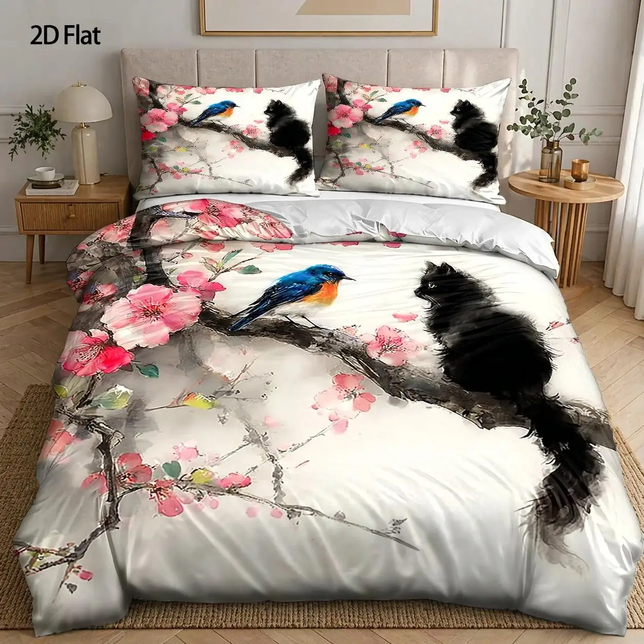 3-Piece Quilt Cover Set, 1 Quilt Cover + 2 Pillowcases (Without Filling), Cherry Blossom Bird and Black Cat Theme, Freehand Painting Style, Spring, Three-Piece Bedding Set, Suitable for All Seasons, Machine Washable, Invisible Zipper, Suitable for Home, Dormitory, Master Bedroom, Guest Room