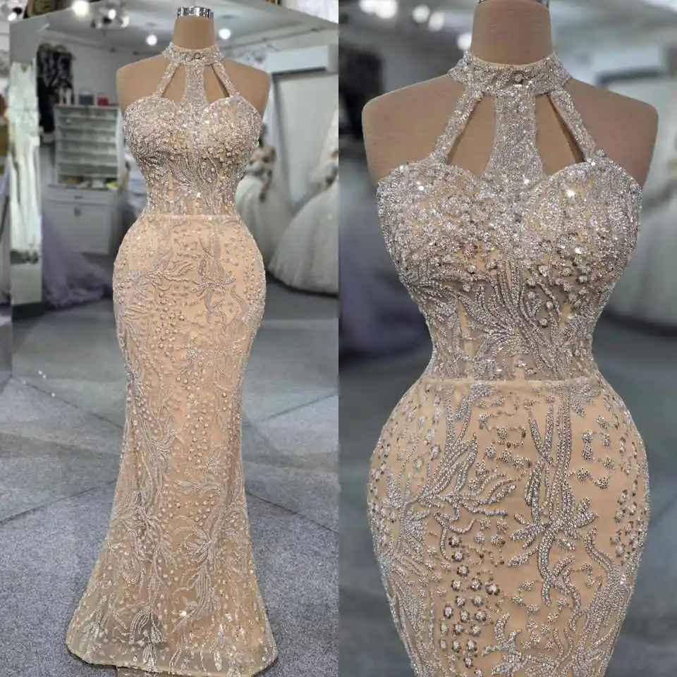 

Luxurious Beadeds Prom Gowns High Neck Sleeveless Mermaid Evening Dresses Sequins Celebrity Party Customized