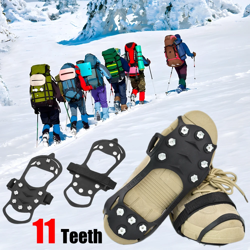 11Dentes Escalando Cãibras para Neve e Gelo Grip Botas de inverno Capas Antiderrapantes ao Ar Livre para Sapatos Pontas Antiderrapantes para Sapatos no Gelo