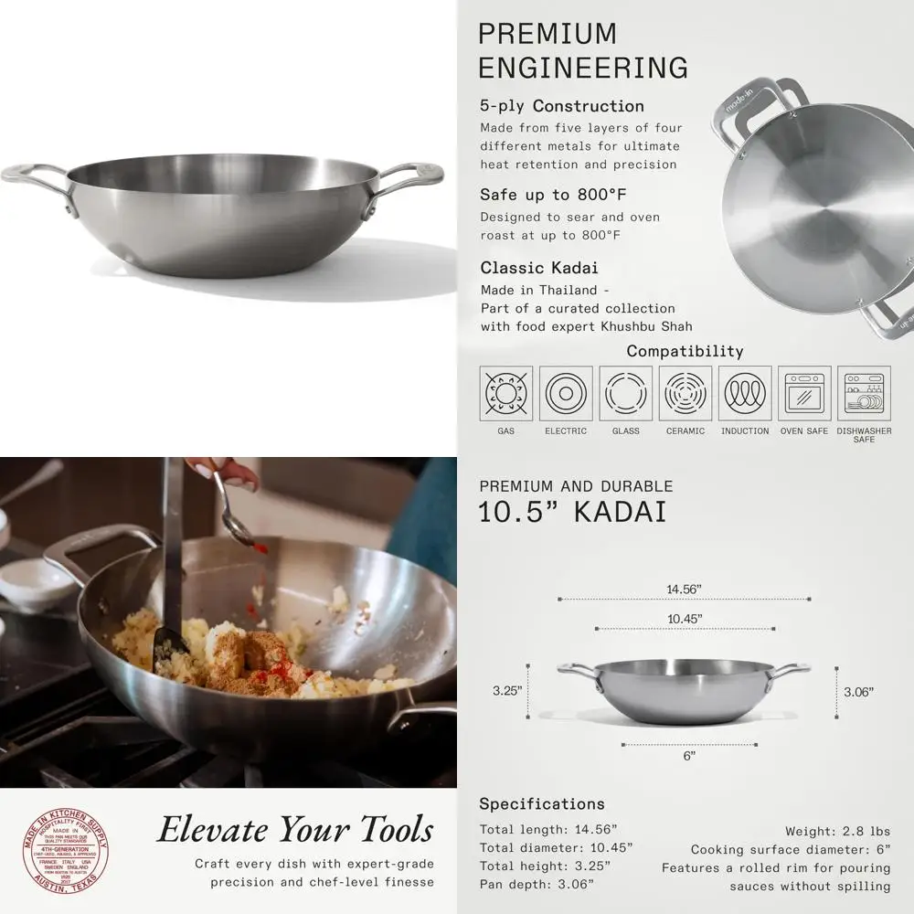 Stainless Steel Kadai Pan - 10-Inch 5 Ply Clad - Professional Induction Cookware - Heavy Duty Cooking