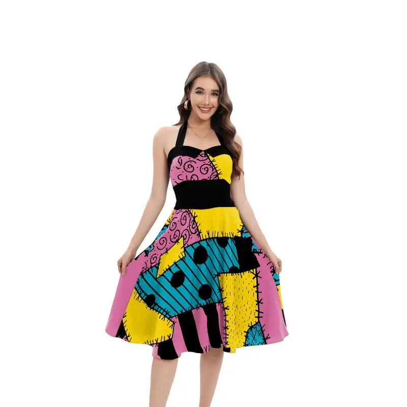 Halloween Sally Kostüm für Damen, Neckholder-Kleid mit Rückenband, A-Linien-Schwingkleid, Patch-Print, Retro-Kleid, Ausgefallene Karnevalsparty-Outfits – Detail 9