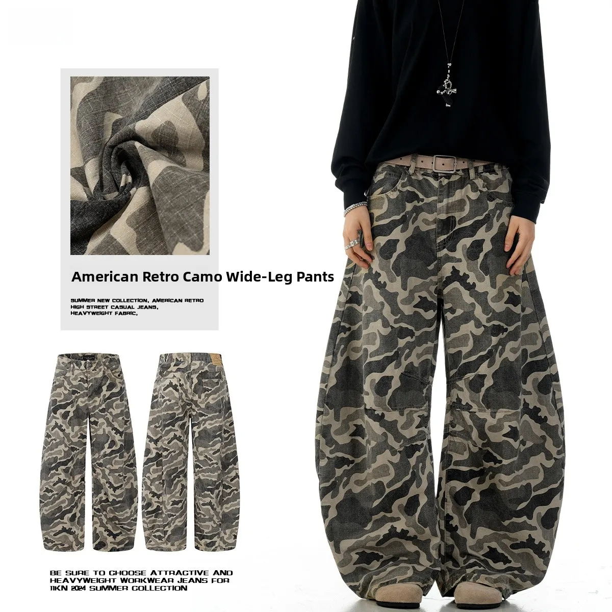 

American Retro Camouflage Wide Leg Jeans Work Pants Loose Casual Trousers for Men And Women High Waist Cotton Long Pants