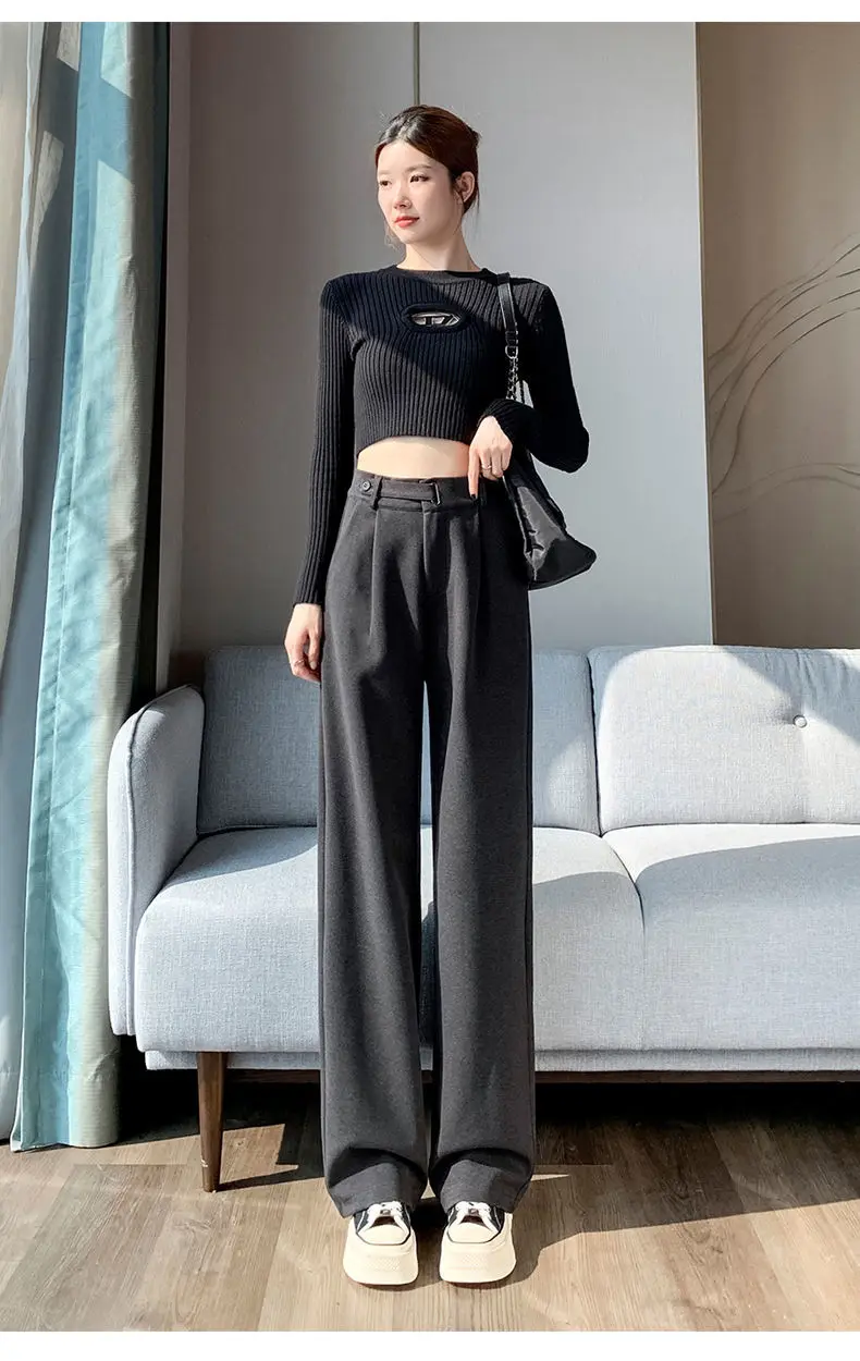 Brown Woolen High-end Suit Pants for Women in Autumn and Winter 2023 New Narrow Version Straight Wide-leg Pants with Drape
