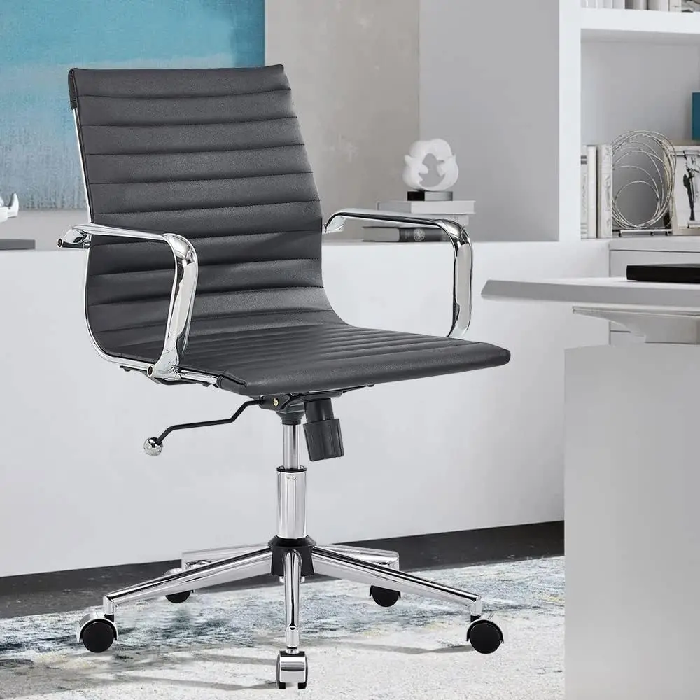 

Black Leather Swivel Office Chair with Arms for Home and Conference Use