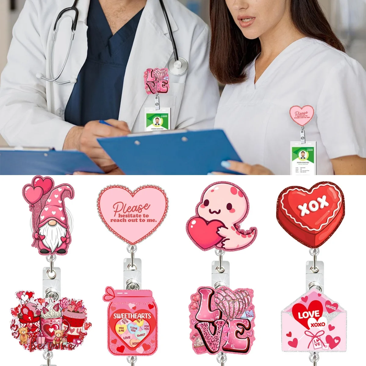 Pink Heart Dwarf Doll Badge Reel Retractable Work Card Holder Doctore Nurse Id Card Pull Buckle Valentines Day Small Gift