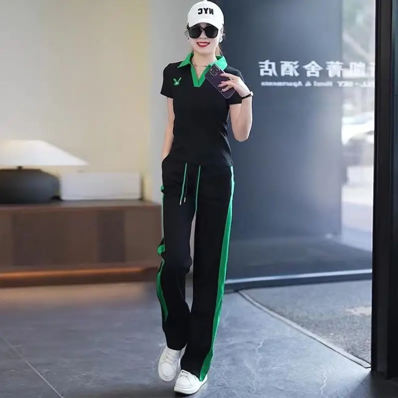 Women\'s Casual Sports Suit 2024 New Summer Spring Style Clothes Fashion Short Sleeve Lapel T-shirt Wide Leg Pants Two Piece Set